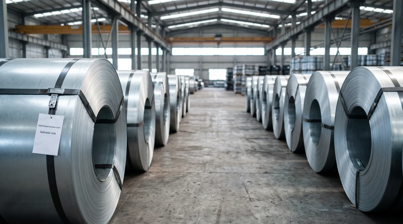 Galvaniz rulo sac: çelik deposu koridorunda sıralı galvaniz rulolar