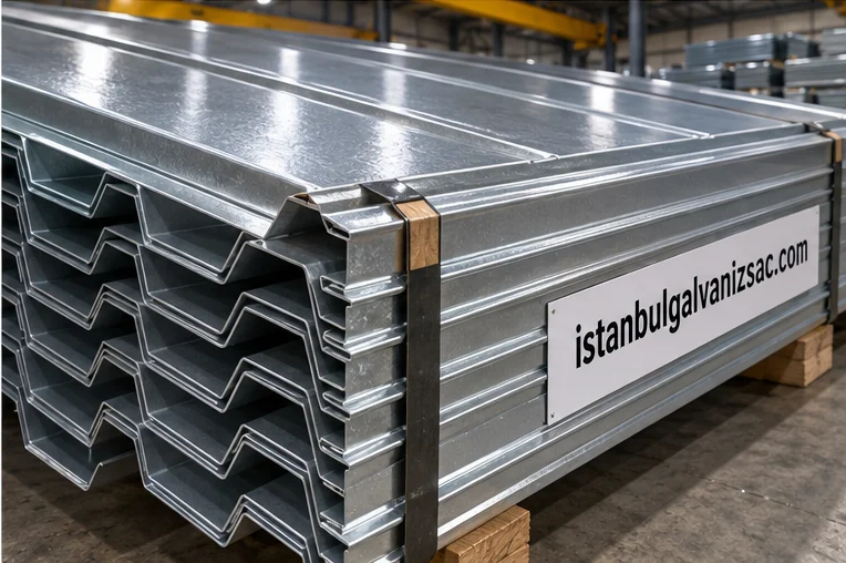 Trapez sac tabakaları paletli sevkiyat hazırlığında istanbulgalvanizsac.com etiketiyle