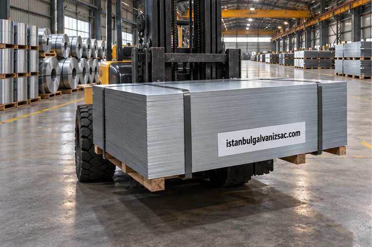 Galvaniz sac plakaları paletli sevkiyat hazırlığında istanbulgalvanizsac.com etiketiyle
