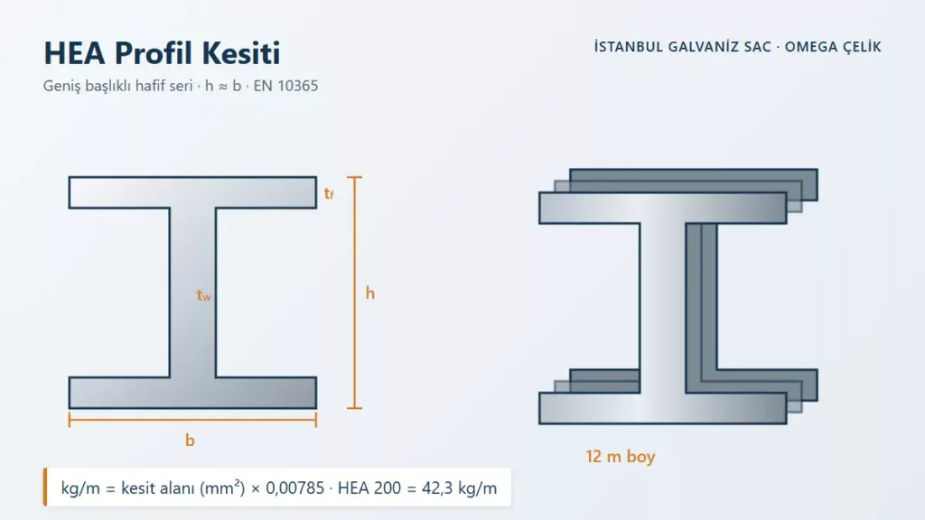 HEA Profil Kesiti &ndash; Geniş başlıklı hafif seri &middot; h &asymp; b &middot; EN 10365